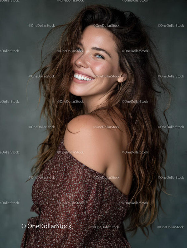Vibrant Young Woman with Wavy Hair and Bright Smile