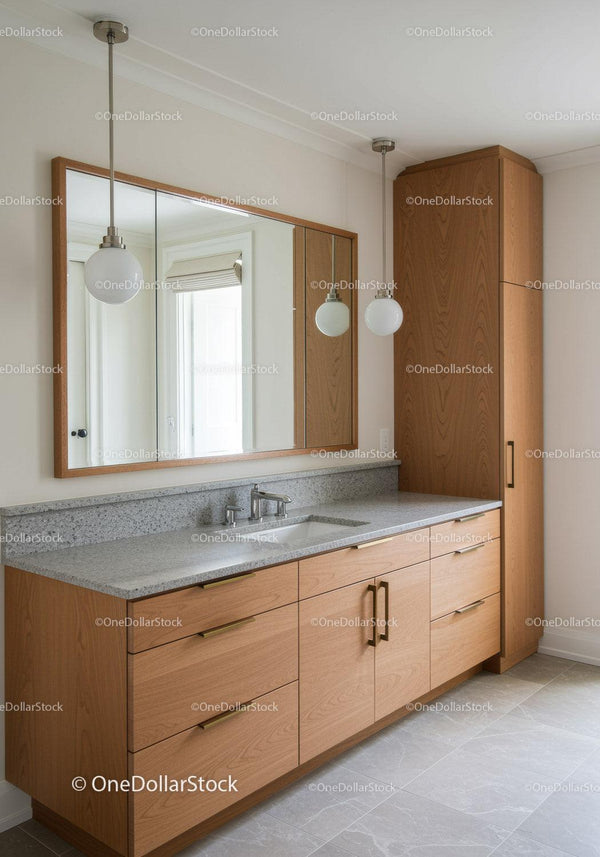 Wooden Vanity with Granite Countertop and Large Mirror in Modern Bathroom