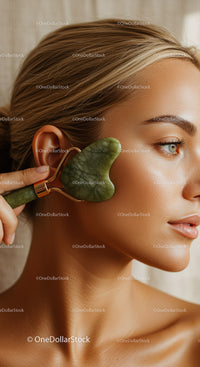 Close-up of Woman Using Jade Facial Roller for Skin Rejuvenation