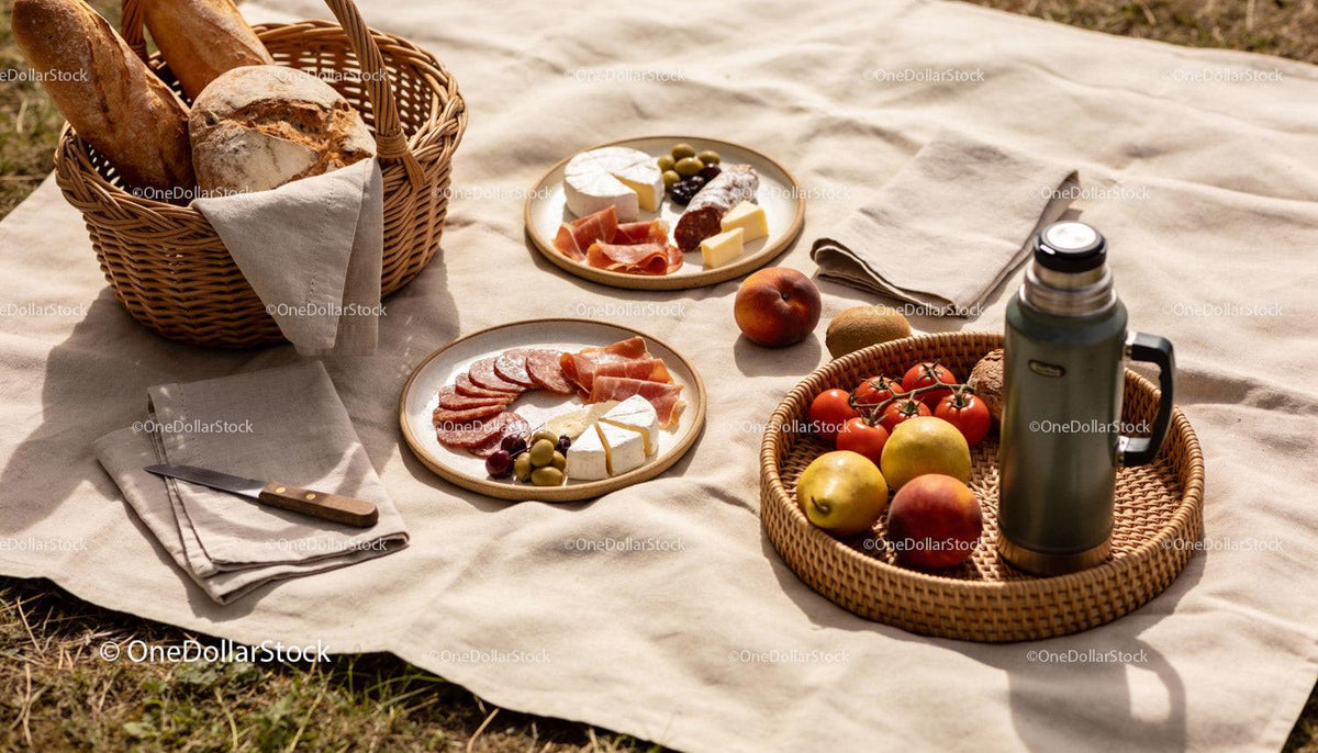 Rustic picnic with bread, cheese, fruit and cold drink