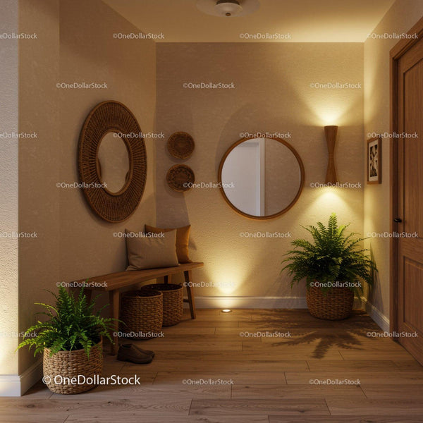 Cozy entryway with natural textures and greenery