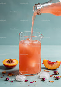 Refreshing Peach Juice Poured Over Ice in Glass Pitcher