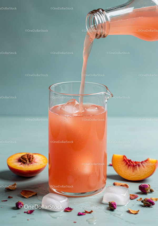 Refreshing Peach Juice Poured Over Ice in Glass Pitcher