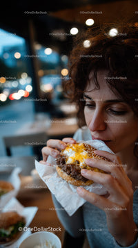 Woman enjoying a delicious cheeseburger in a cozy restaurant