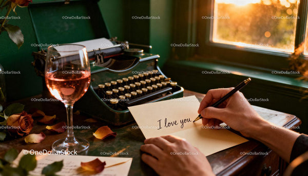 Writing a heartfelt love letter in warm sunset light
