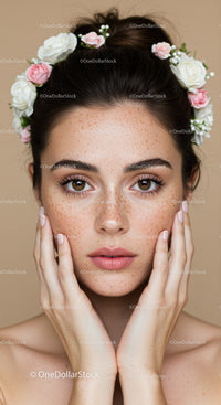 Young Woman with Freckles and Floral Headband in Natural Light Portrait