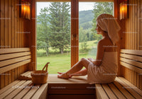 Woman Relaxing in Sauna with Scenic Mountain View and Wooden Interior
