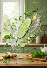 Fresh cucumber slices and herbs splash in kitchen air