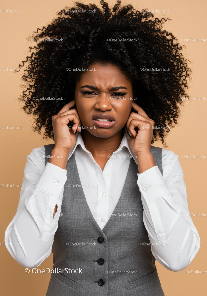 Frustrated Woman Covering Ears with Annoyed Expression