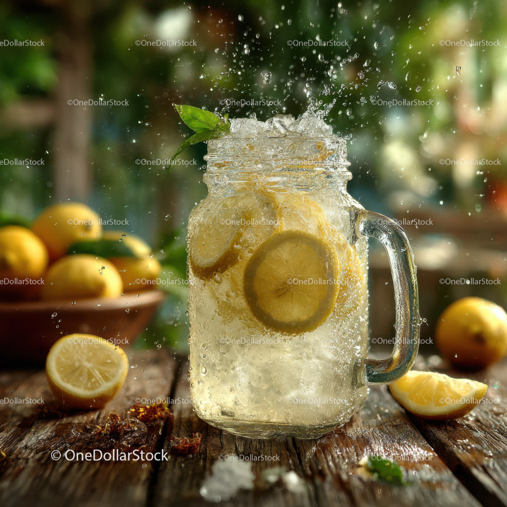 Cool Lemonade in Mason Jar with Fresh Lemons and Mint