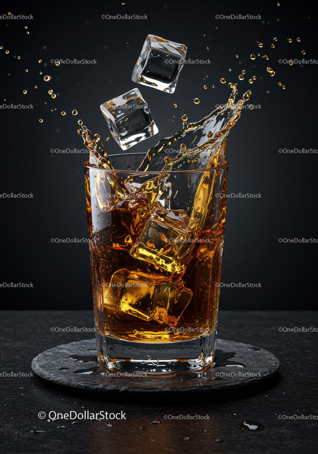 Whisky rozpryskująca się z kostkami lodu w szklance na łupku