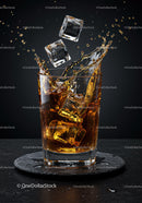 Whiskey Splashing with Ice Cubes in Glass on Slate