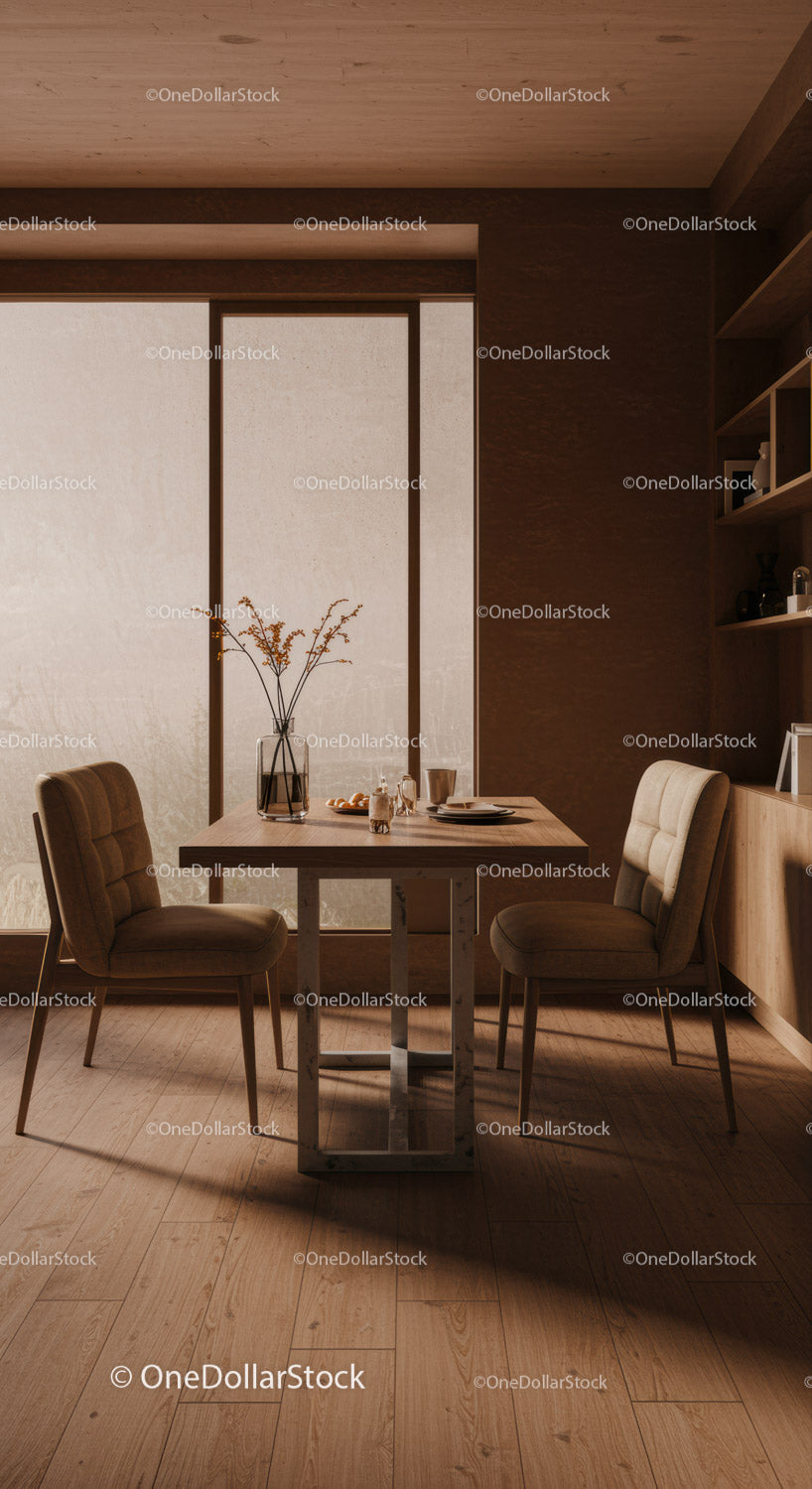 Stylish Modern Dining Room with Wooden Table and Upholstered Chairs