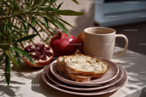 Healthy Breakfast with Sliced Bread Pomegranate and Coffee Mug