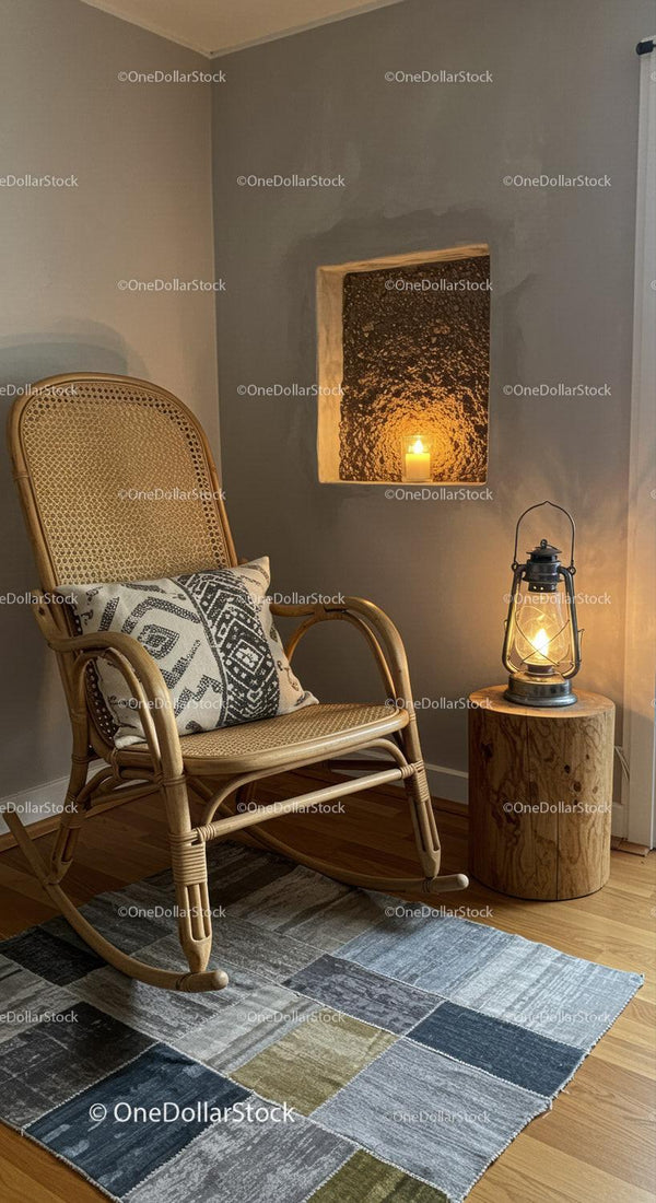 Cozy wicker rocking chair with pillow by warm lantern light