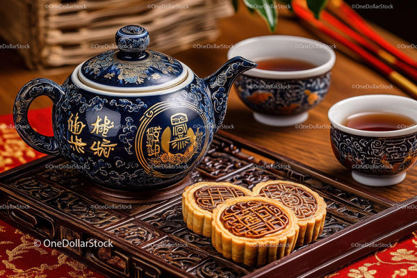 Elegant Chinese Tea Set with Mooncakes and Traditional Ceramics
