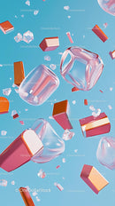 Colorful Lipstick Tubes and Ice Cubes on Bright Blue Background