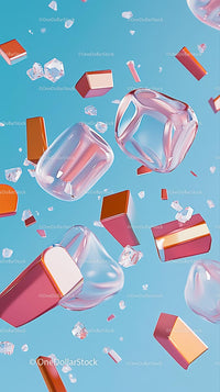 Colorful Lipstick Tubes and Ice Cubes on Bright Blue Background