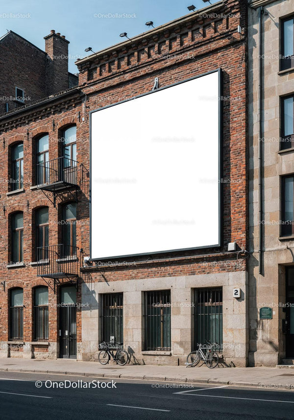 Urban brick building with large blank billboard and bicycles JPG Mockup Image