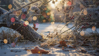 Frosty pine cones and red berries in soft winter light
