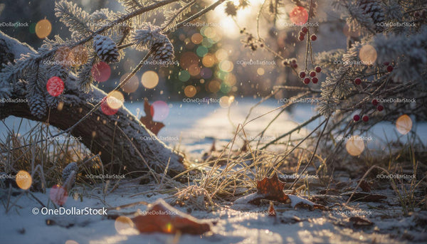 Frosty pine cones and red berries in soft winter light