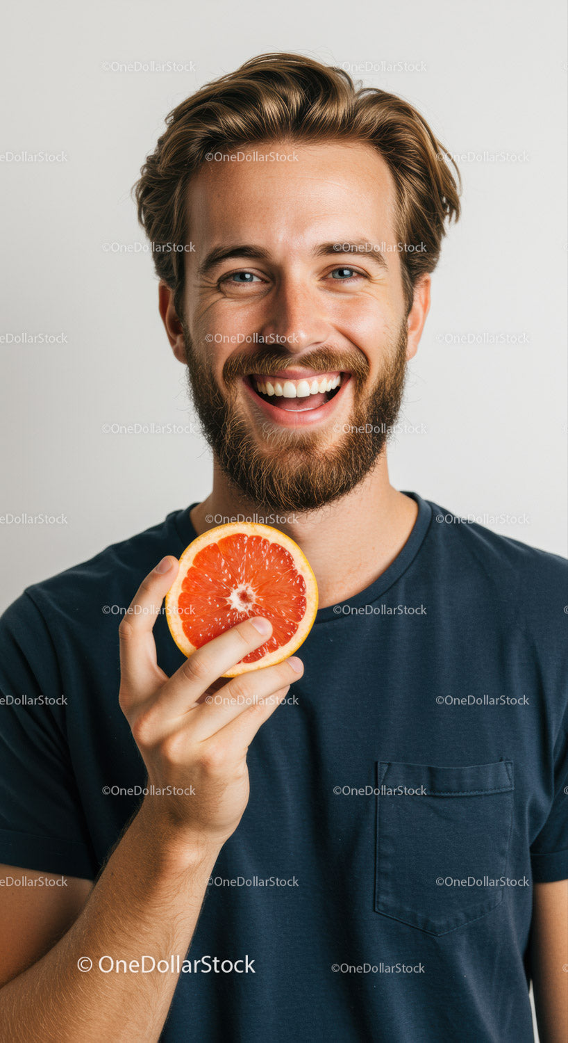 Happy Man Smiling Holding Grapefruit in Bright Casual Portrait