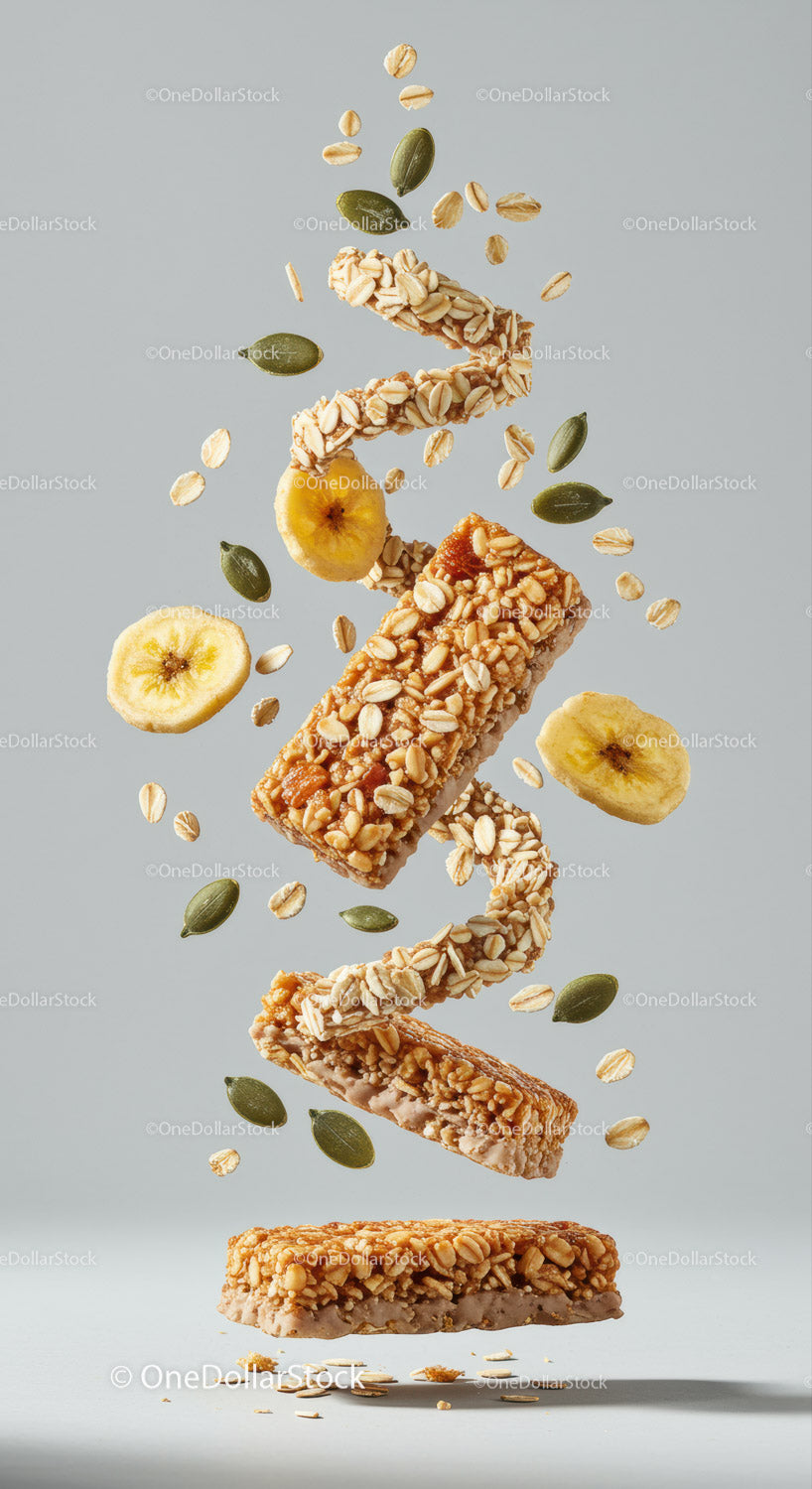 Zdrowe batony zbożowe z płatkami owsianymi i suszonymi plasterkami banana