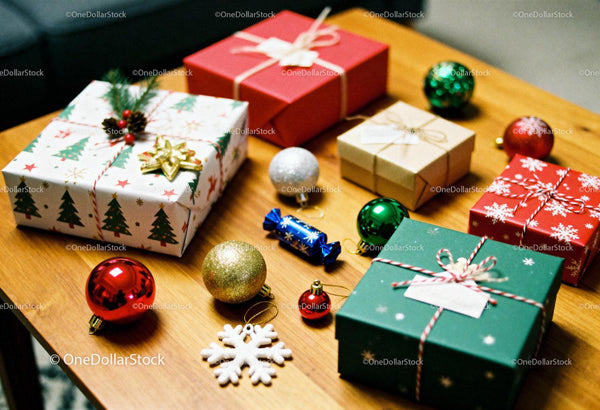 Festive Christmas Gifts and Ornaments on Wooden Table