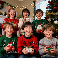 Happy children in festive sweaters holding Christmas gifts