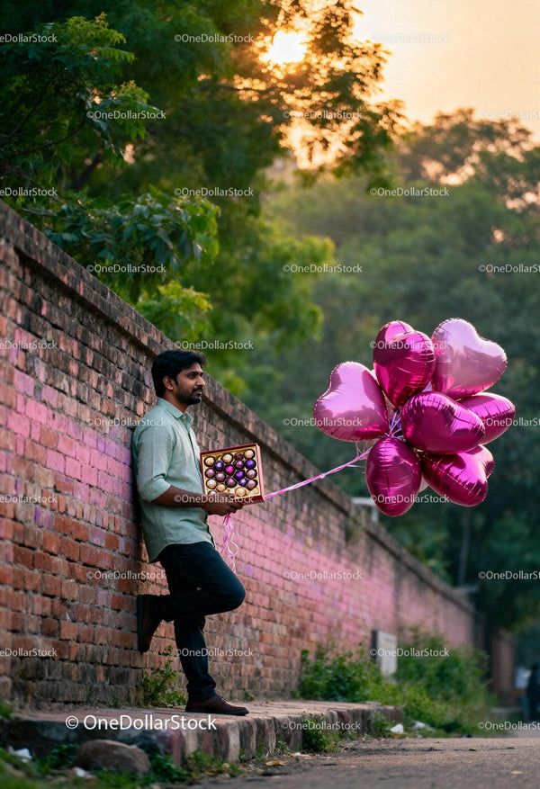 Man with heart balloons holding gift box outdoors