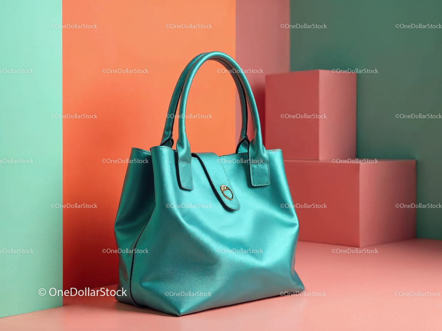 Blue Leather Handbag in Modern Colorful Backdrop