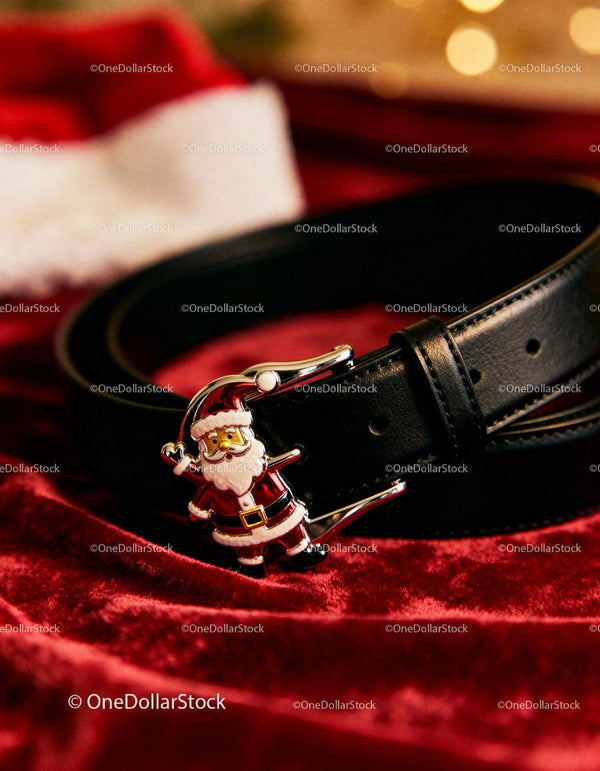 Black leather belt with festive Santa Claus buckle
