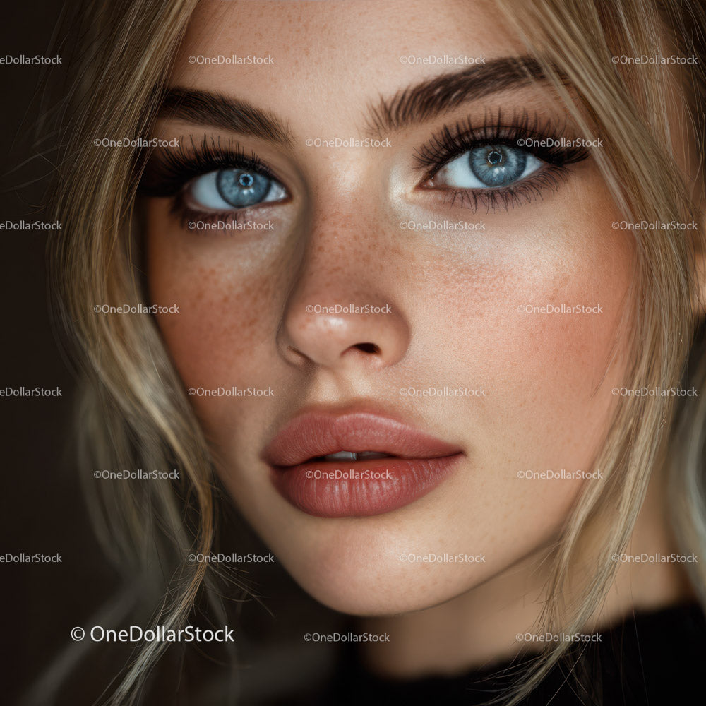 Portret pięknej blondynki o niebieskich oczach z bliska