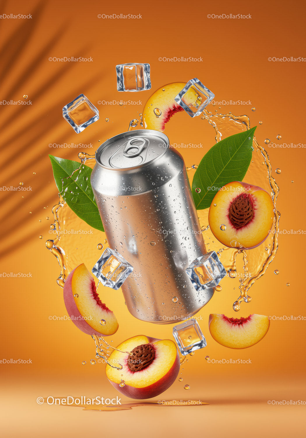 Refreshing Silver Can Surrounded by Peaches and Ice Cubes