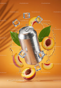 Refreshing Silver Can Surrounded by Peaches and Ice Cubes