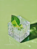Fresh green mint leaf embedded in melting ice cube