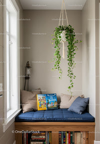 Cozy Window Seat with Green Hanging Plant and Bookshelf