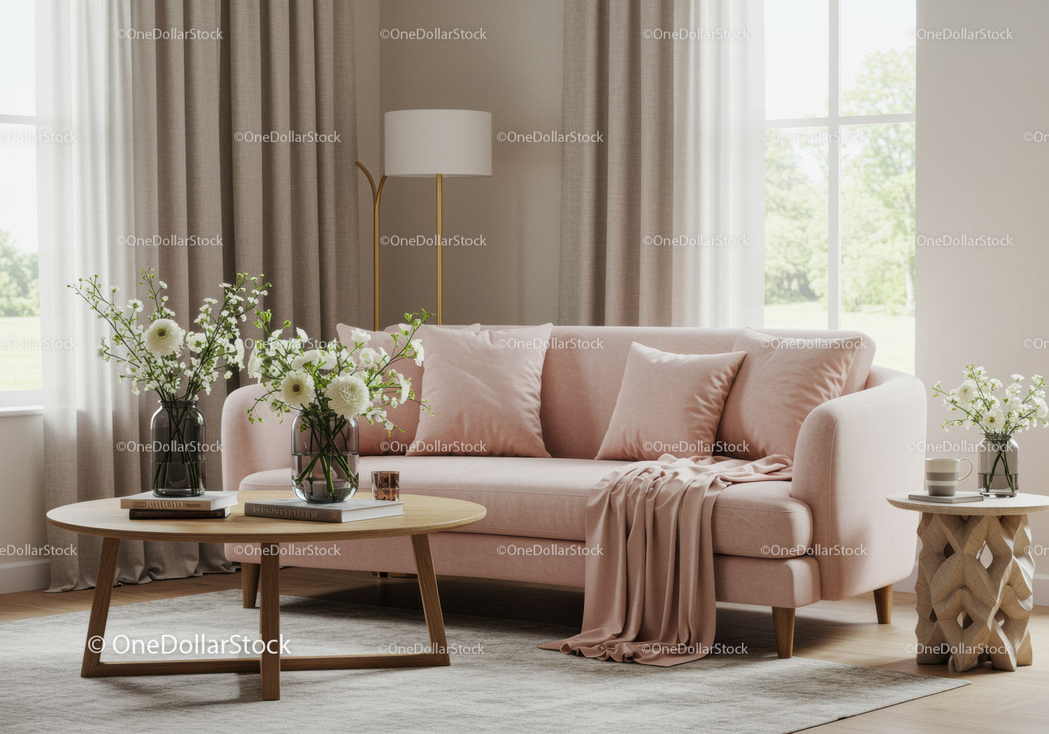 Przytulny pastelowy salon z eleganckimi akcentami kwiatowymi
