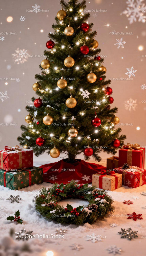 Decorated Christmas tree with gifts and festive wreath