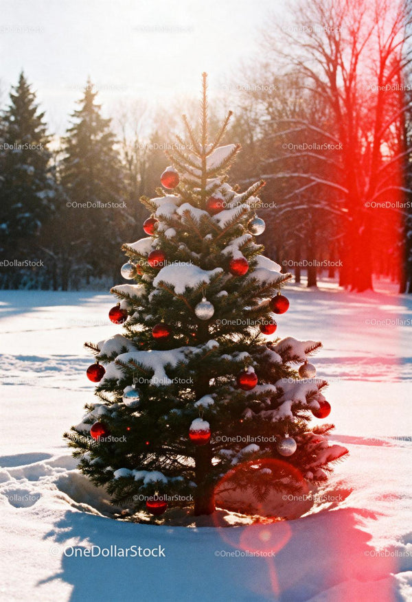 Snowy Christmas tree decorated with red and silver baubles