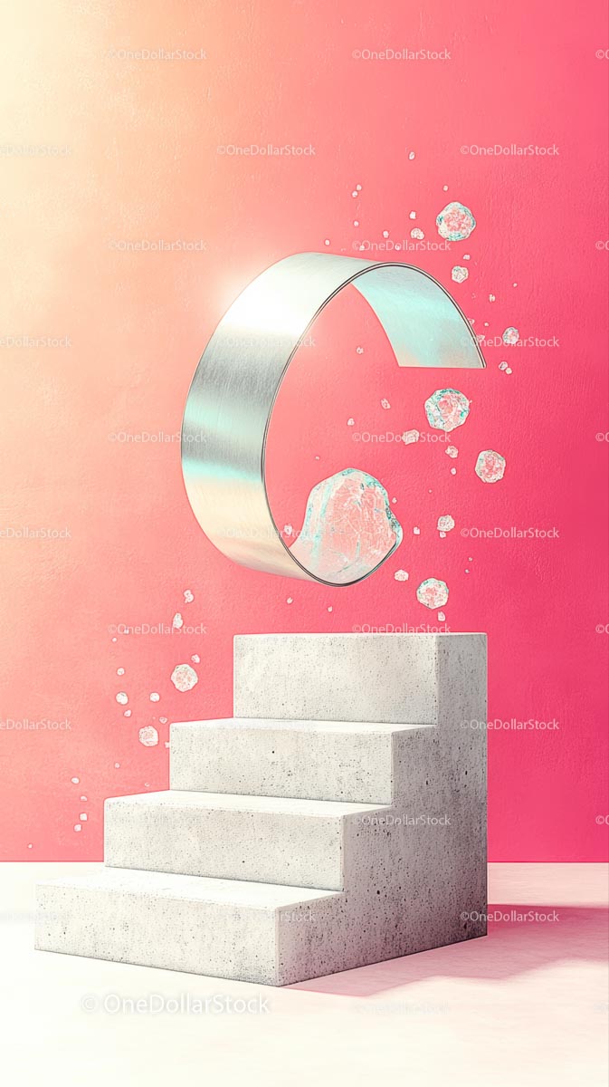 Minimalist Modern Sculpture with Floating Rocks on Stairs