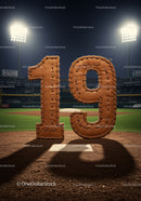 Baseball themed number nineteen on field at night