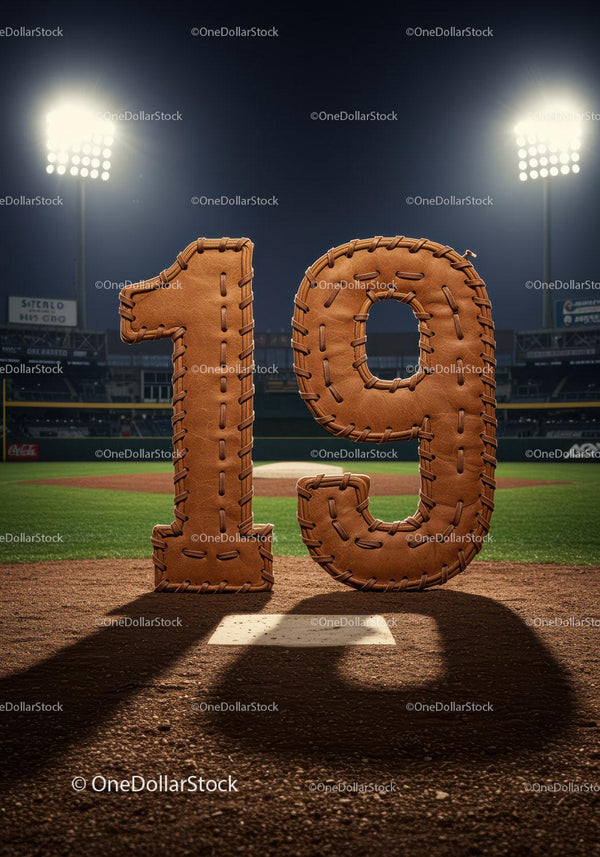 Baseball themed number nineteen on field at night