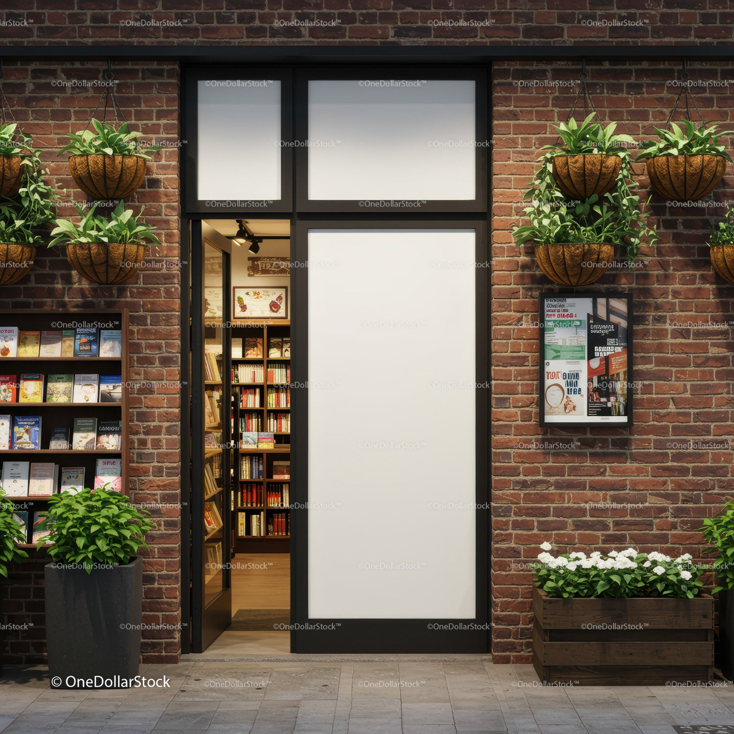 Cozy bookstore entrance with hanging plants and brick wall