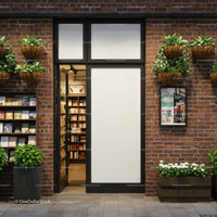 Cozy bookstore entrance with hanging plants and brick wall