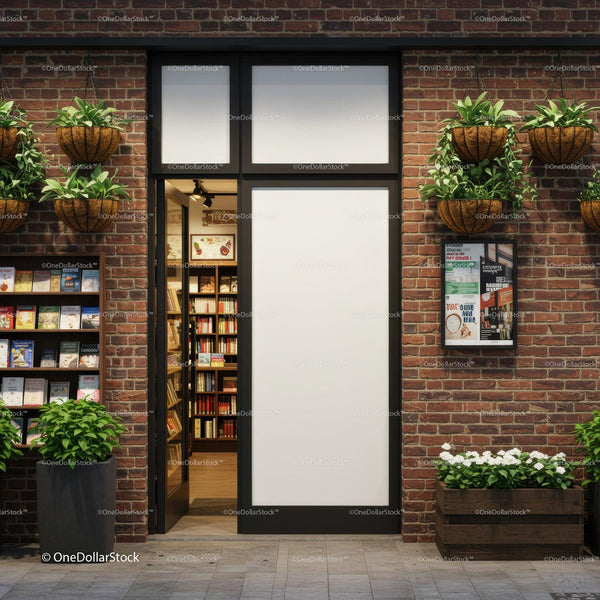 Cozy bookstore entrance with hanging plants and brick wall JPG Mockup Image