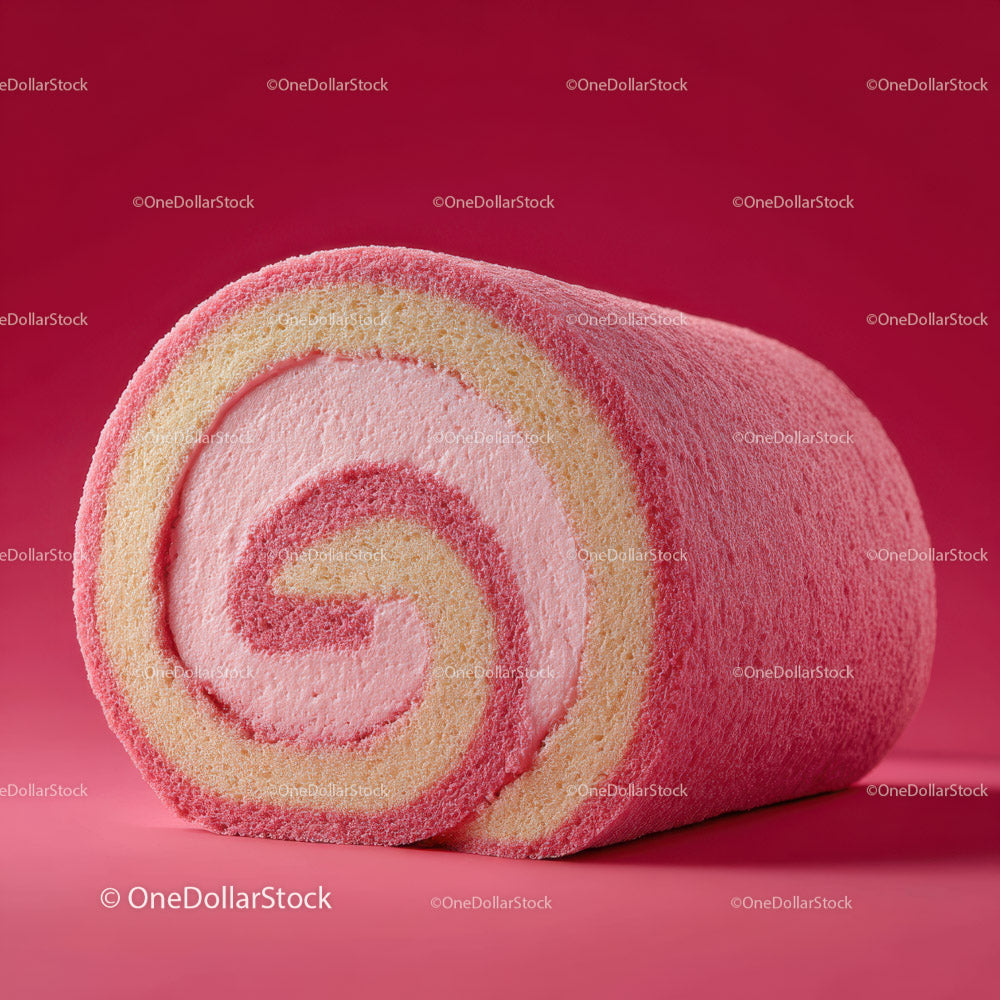 Pink Velvet Cake Roll with Cream Filling in Bright Red Background