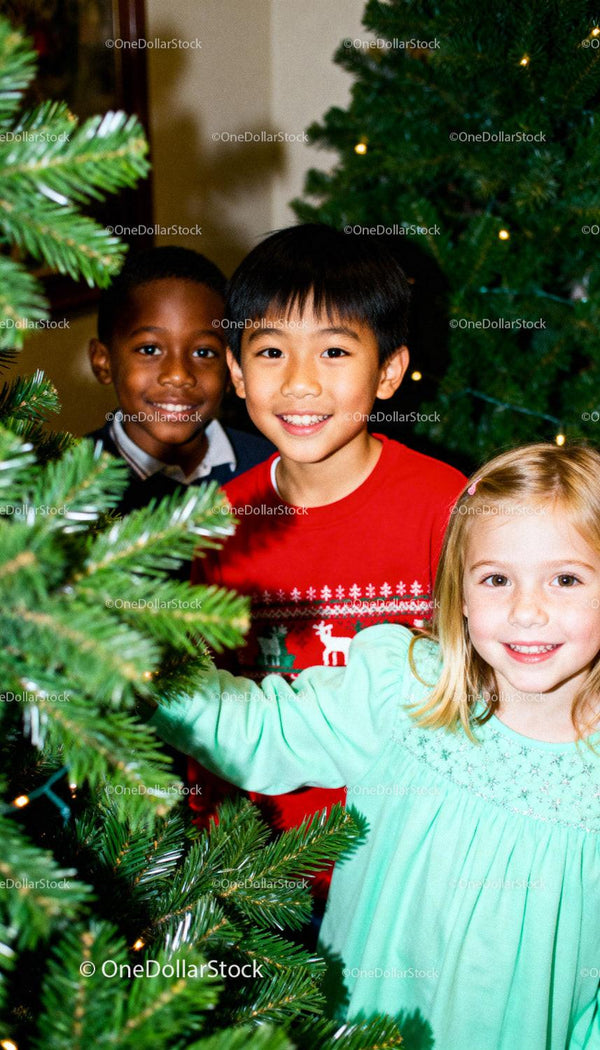 Smiling children celebrate holiday season by Christmas tree