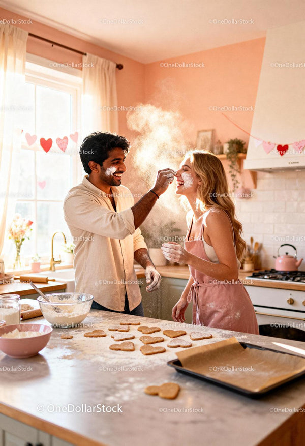 Couple playfully baking heart shaped cookies together