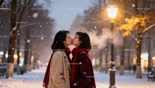 Couple sharing a tender kiss on snowy evening street
